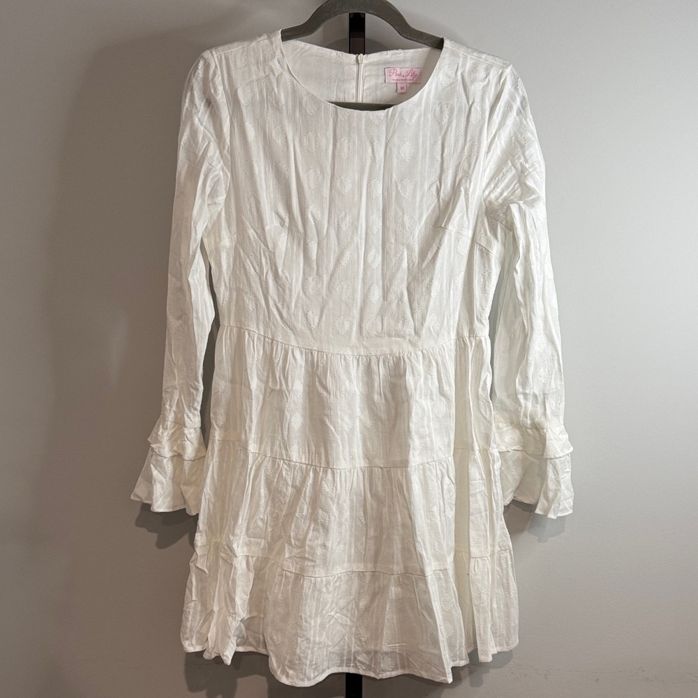 Pink Lily White Long Sleeve Ruffle Tiered Polka Dot Dress Medium M New NWOT